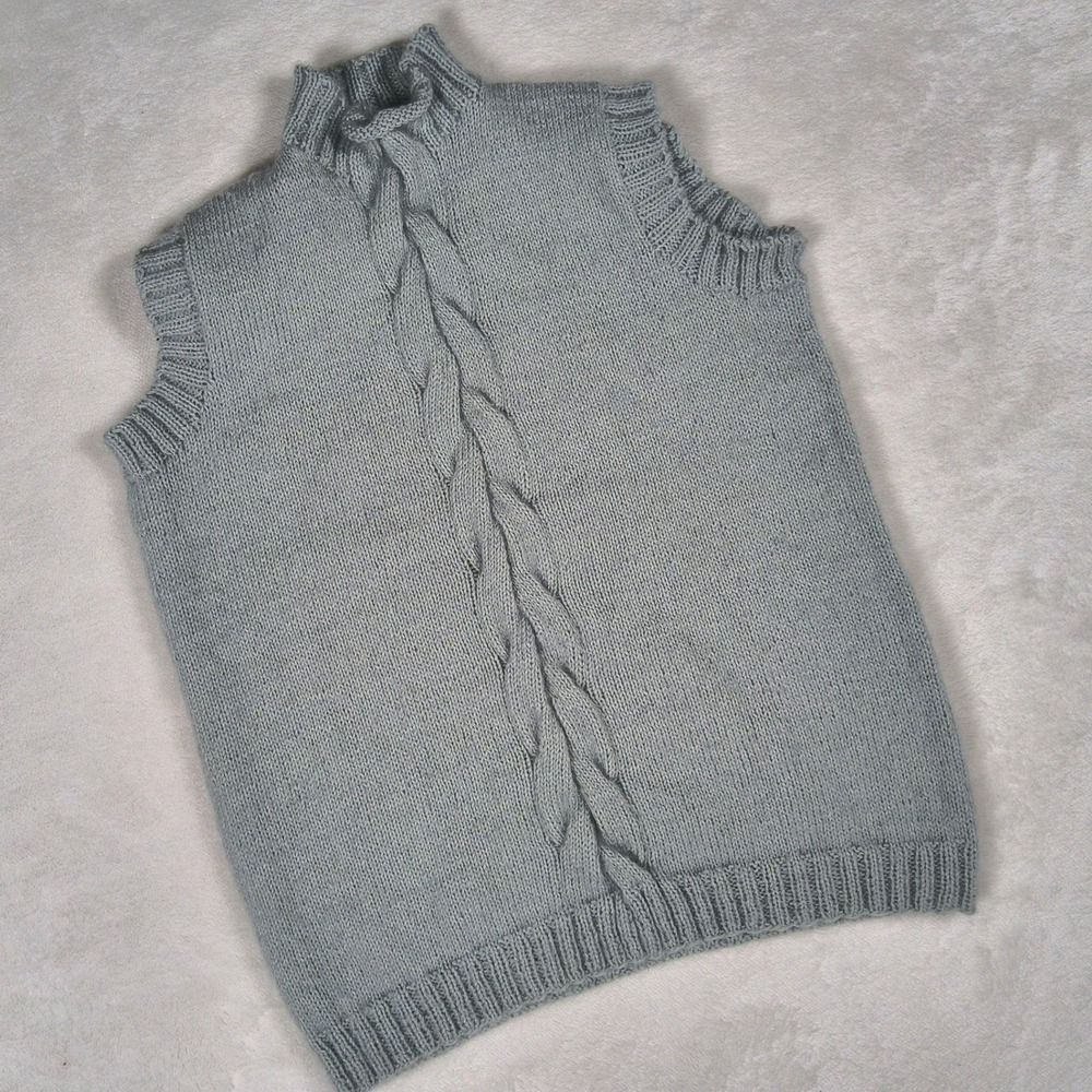 Hand Knit Carla Tee Sweater Women Medium Blue Cable Knit Mock Neck Sleeveless